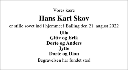Dødsannoncen for Hans Karl Skov - Balling