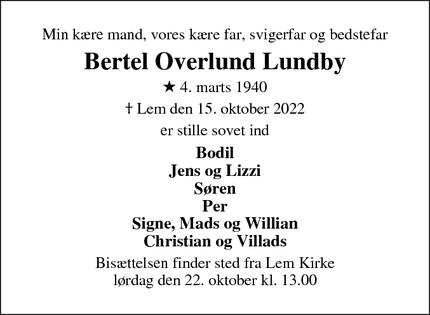 Dødsannoncen for Bertel Overlund Lundby - Lem 