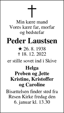 Dødsannoncen for Peder Laustsen - Skive