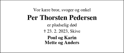 Dødsannoncen for Per Thorsten Pedersen - Skive
