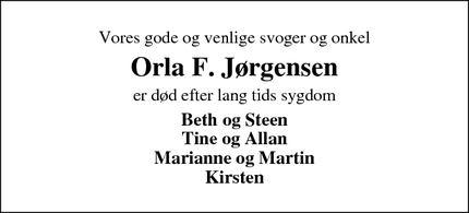 Dødsannoncen for Orla F. Jørgensen - Skive