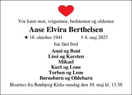 Dødsannoncen for Aase Elvira Berthelsen - Skive