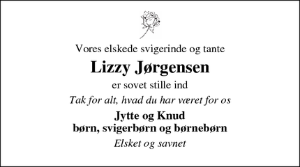 Dødsannoncen for Lizzy Jørgensen - Håsum