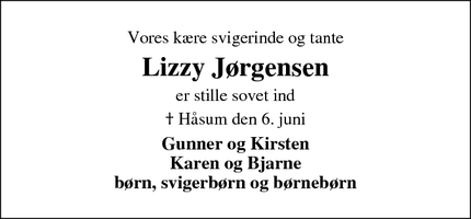 Dødsannoncen for Lizzy Jørgensen - Håsum