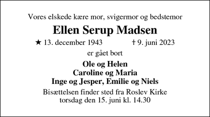 Dødsannoncen for Ellen Serup Madsen - Roslev