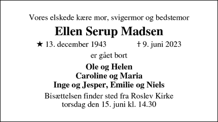 Dødsannoncen for Ellen Serup Madsen - Roslev