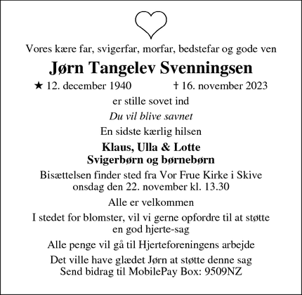 Dødsannoncen for Jørn Tangelev Svenningsen - Skanderborg