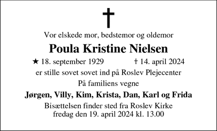 Dødsannoncen for Poula Kristine Nielsen - 7870 Roslev