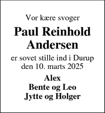 Dødsannoncen for Paul Reinhold Andersen - Roslev