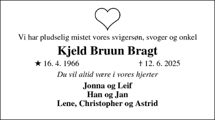 Dødsannoncen for Kjeld Bruun Bragt - skive