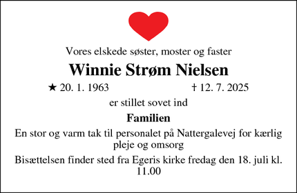 Dødsannoncen for Winnie Strøm Nielsen - Skive