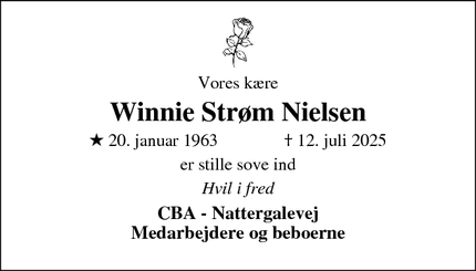 Dødsannoncen for Winnie Strøm Nielsen - Skrive