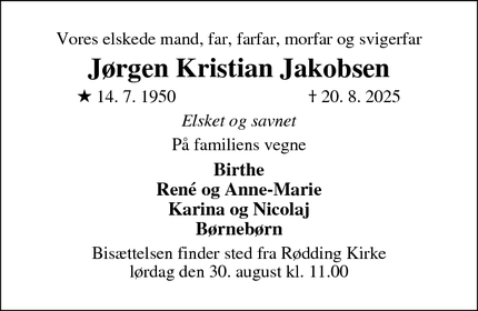 Dødsannoncen for Jørgen Kristian Jakobsen - Rødding 7860 spøttrup