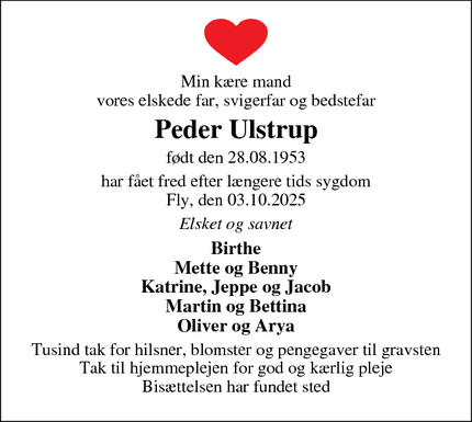 Dødsannoncen for Peder Ulstrup - Fly