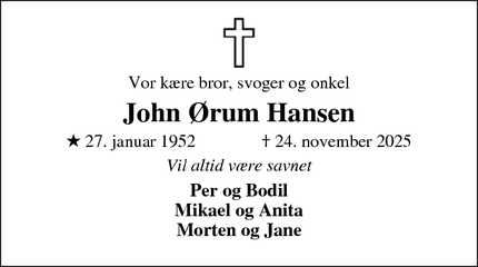 Dødsannoncen for John Ørum Hansen - Skive