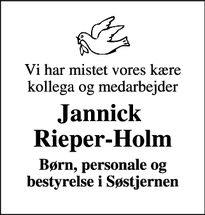 Dødsannoncen for Jannick 
Rieper-Holm - Skive
