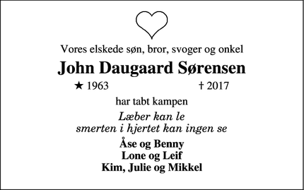Dødsannoncen for John Daugaard Sørensen - Jebjerg
