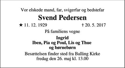 Dødsannoncen for Svend Pedersen - Balling