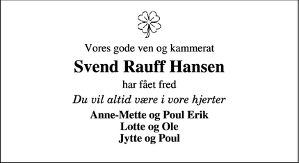 Dødsannoncen for Svend Rauff Hansen - Skive