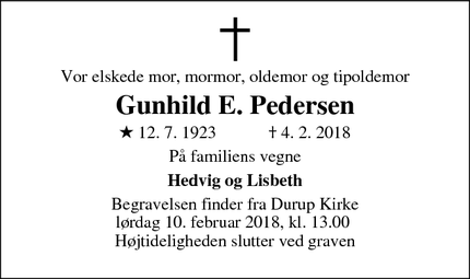 Dødsannoncen for Gunhild E. Pedersen - Durup, 7870 Roslev