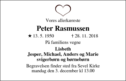 Dødsannoncen for Peter Rasmussen - Sevel