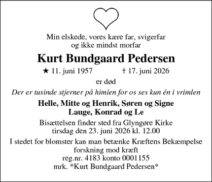 Dødsannoncen for Kurt Bundgaard Pedersen - Glyngøre