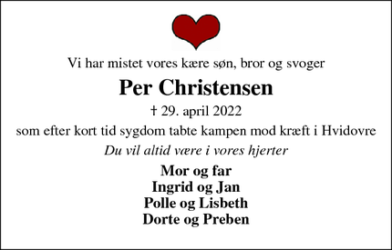 Dødsannoncen for Per Christensen - Hvidovre 