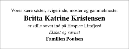 Dødsannoncen for Britta Katrine Kristensen - Røslev