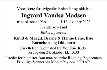 Dødsannoncen for Ingvard Vands&oslash; Madsen - Spøttrup