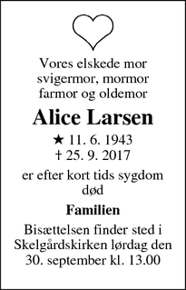 Dødsannoncen for Alice Larsen - Vest Amager