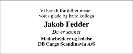 Dødsannoncen for Jakob Fedder - København