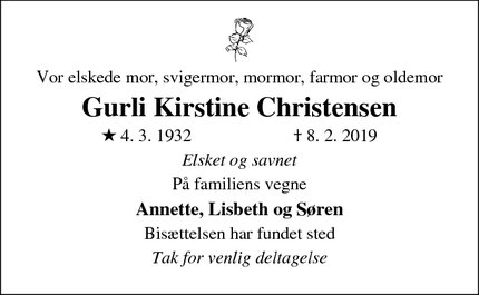Dødsannoncen for Gurli Kirstine Christensen - Slagelse