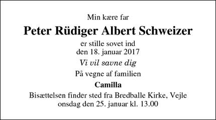 Dødsannoncen for Peter Rüdiger Albert Schweizer - Taastrup