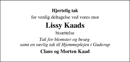 Taksigelsen for Lissy Kaads - Guderup