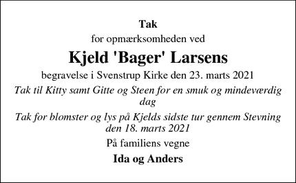 Dødsannoncen for Kjeld 'Bager' Larsens - Guderup