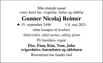 Dødsannoncen for Gunner Nicolaj Reimer - Nordborg