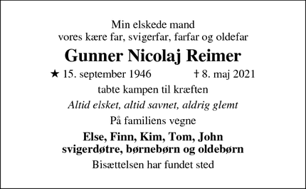 Dødsannoncen for Gunner Nicolaj Reimer - Nordborg