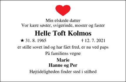 Dødsannoncen for Helle Toft Kolmos - Nordborg