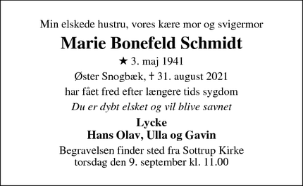 Dødsannoncen for Marie Bonefeld Schmidt - Øster Snogbæk