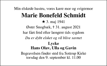 Dødsannoncen for Marie Bonefeld Schmidt - Øster Snogbæk