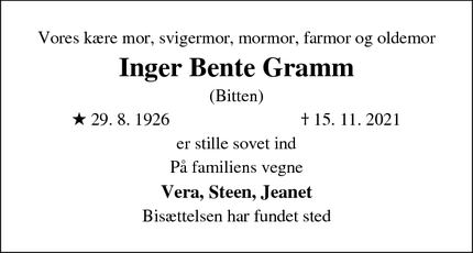 Dødsannoncen for Inger Bente Gramm - Hørup
