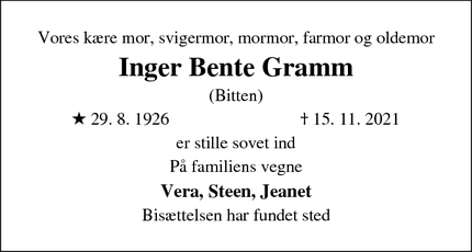 Dødsannoncen for Inger Bente Gramm - Hørup