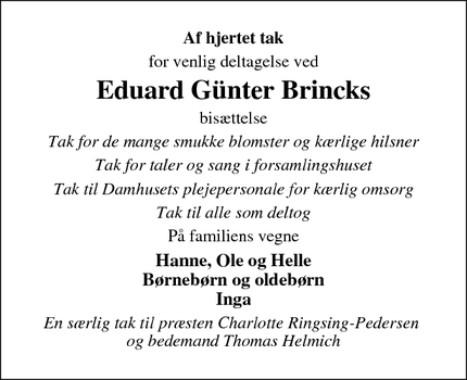 Taksigelsen for Eduard Günter Brinck - Sønderborg