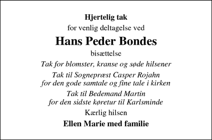 Taksigelsen for Hans Peder Bonde - Svenstrup