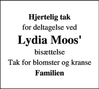 Dødsannoncen for Lydia Moos' - Sønderborg