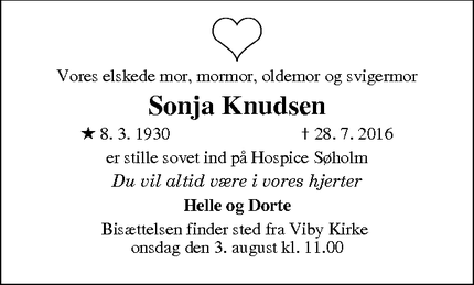 Dødsannoncen for  Sonja Knudsen  - Aarhus
