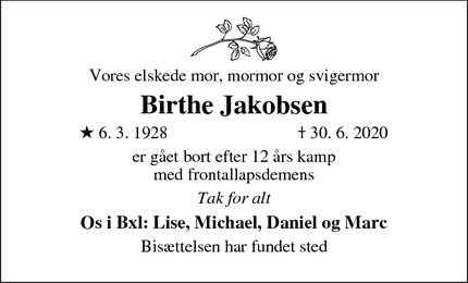 Dødsannoncen for Birthe Jakobsen - Sorø