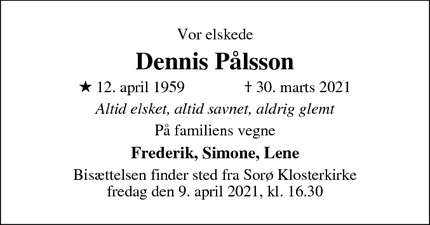 Dødsannoncen for Dennis Pålsson - Fjenneslev