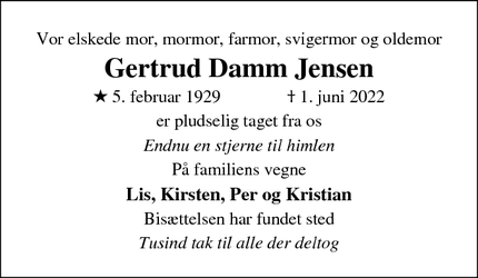 Dødsannoncen for Gertrud Damm Jensen - Sorø