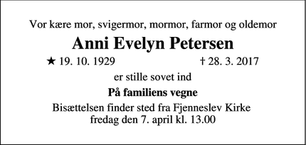 Dødsannoncen for Anni Evelyn Petersen  - Fjenneslev